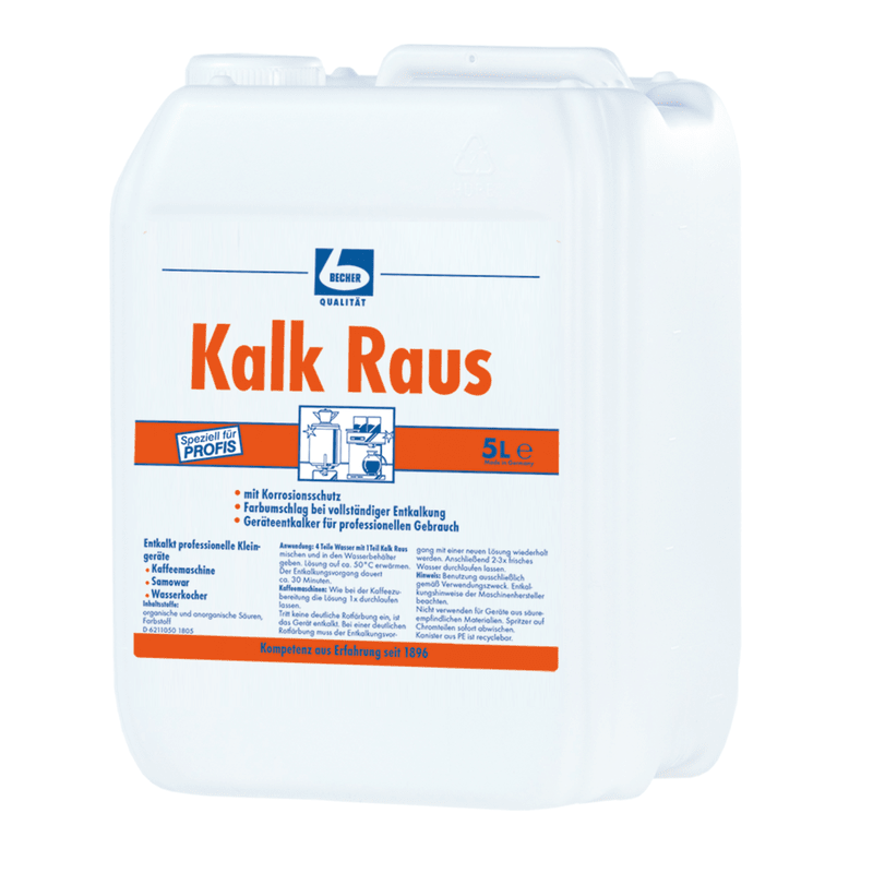 Um jarro de plástico branco com a inscrição «Dr. Becher O «Kalk Raus – Descalcificante para aparelhos de cozinha» contém 5 litros de um descalcificante profissional com o nome da marca em azul e laranja, bem como ilustrações com instruções de utilização.