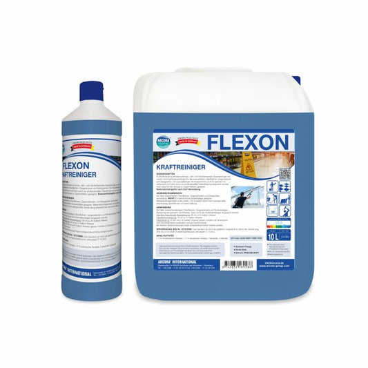 Abgebildet sind zwei Arcora FLEXON KRAFTREINIGER Gebinde der Arcora International GmbH: eine hohe Flasche und ein großer 10-Liter-Kanister, beide mit blau-weißen Etiketten, auf denen die Produktdaten des kraftvollen Reinigers stehen.
