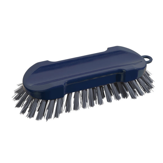 EINE METDEC PREM. WASCHBÜRSTE RUND von Haug Bürsten KG aus steifem, dicht gepacktem PBT-Borsten in Grau und Blau mit Kunststoffgriff (205x65x30mm) ist auf weißem Hintergrund fotografiert.