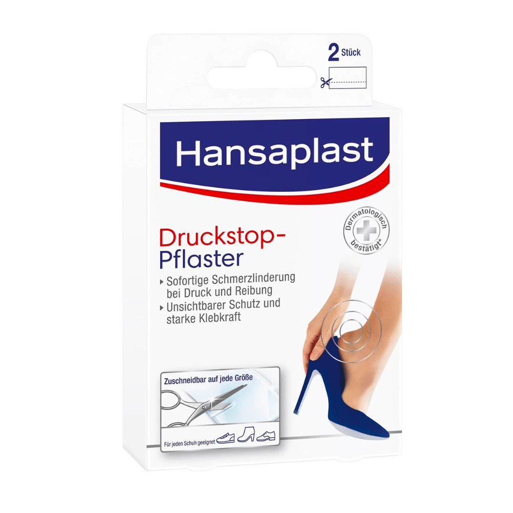 Embalagem do penso Hansaplast Druckstop da Beiersdorf AG com a imagem de um pé feminino num salto alto, que promete alívio das dores de pressão. O texto está em alemão e destaca a proteção.