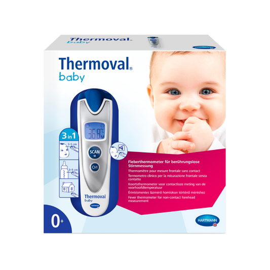 Auf der Verpackung des Hartmann Thermoval Baby SK1 P1 von Paul Hartmann AG ist ein digitales Display mit 36,6 °C neben dem Gesicht des Babys abgebildet. Dadurch wird die sichere und genaue berührungslose Temperaturmessung mittels Infrarot-Technologie hervorgehoben, die das Gerät ideal für Säuglinge macht.
