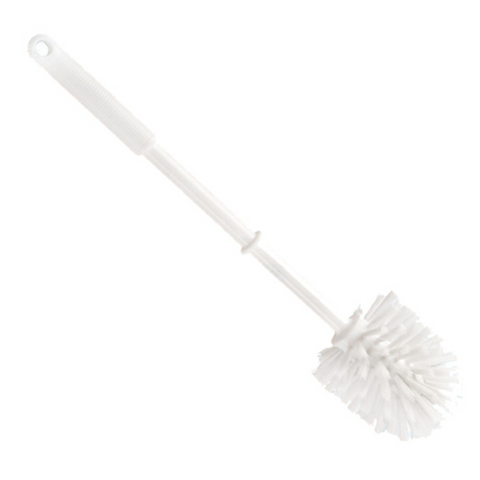 Die WC-Rundbürste von Haug Bürsten KG in Weiß ist aus strapazierfähigem Polypropylen gefertigt und verfügt über einen langen Griff mit strukturierter Oberfläche für eine einfache Handhabung und einen runden Borstenkopf mit 0,35 mm Durchmesser.