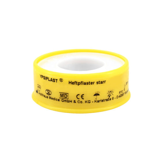 Das Holthaus Ypsiplast® Heftpflaster, starr von Holthaus Medical GmbH & Co. KG, ist ein medizinisches Klebeband mit gelber Kunststoffhülle und aufgedruckten Texten und Symbolen zur effektiven Wundversorgung mit hoher Klebekraft für den zuverlässigen medizinischen Einsatz.