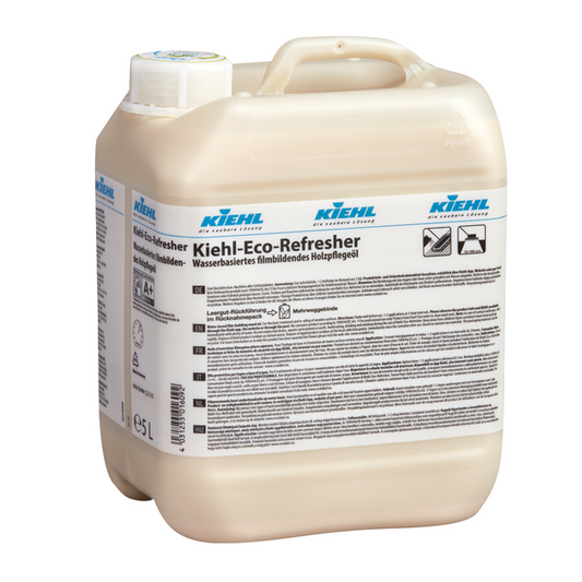 5-Liter-Kunststoffbehälter der Johannes Kiehl KG Kiehl-Eco-Refresher, ein filmbildendes Holzpflegeöl auf Wasserbasis für Fußböden, mit Griff, Schraubverschluss und deutscher Anleitung; Karton enthält 2 Flaschen.