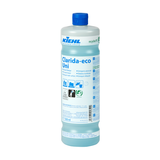 Eine 1-Liter-Kunststoffflasche des Johannes Kiehl KG Kiehl Clarida-eco Uni Allround-Reiniger mit blauem Verschluss und blauem Etikett steht aufrecht auf weißem Grund.