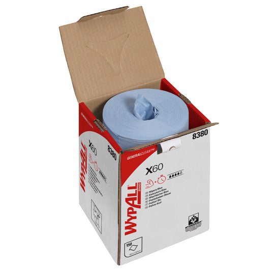 Ein Karton der Kimberly-Clark GmbH mit der Aufschrift "WypAll® X60 General Clean - Zentralentnahme / Blau" enthält eine sichtbare blaue Rolle mit 150 Reinigungstüchern, wobei ein Teil der Rolle und ein Handtuch durch eine obere Öffnung zu sehen sind.