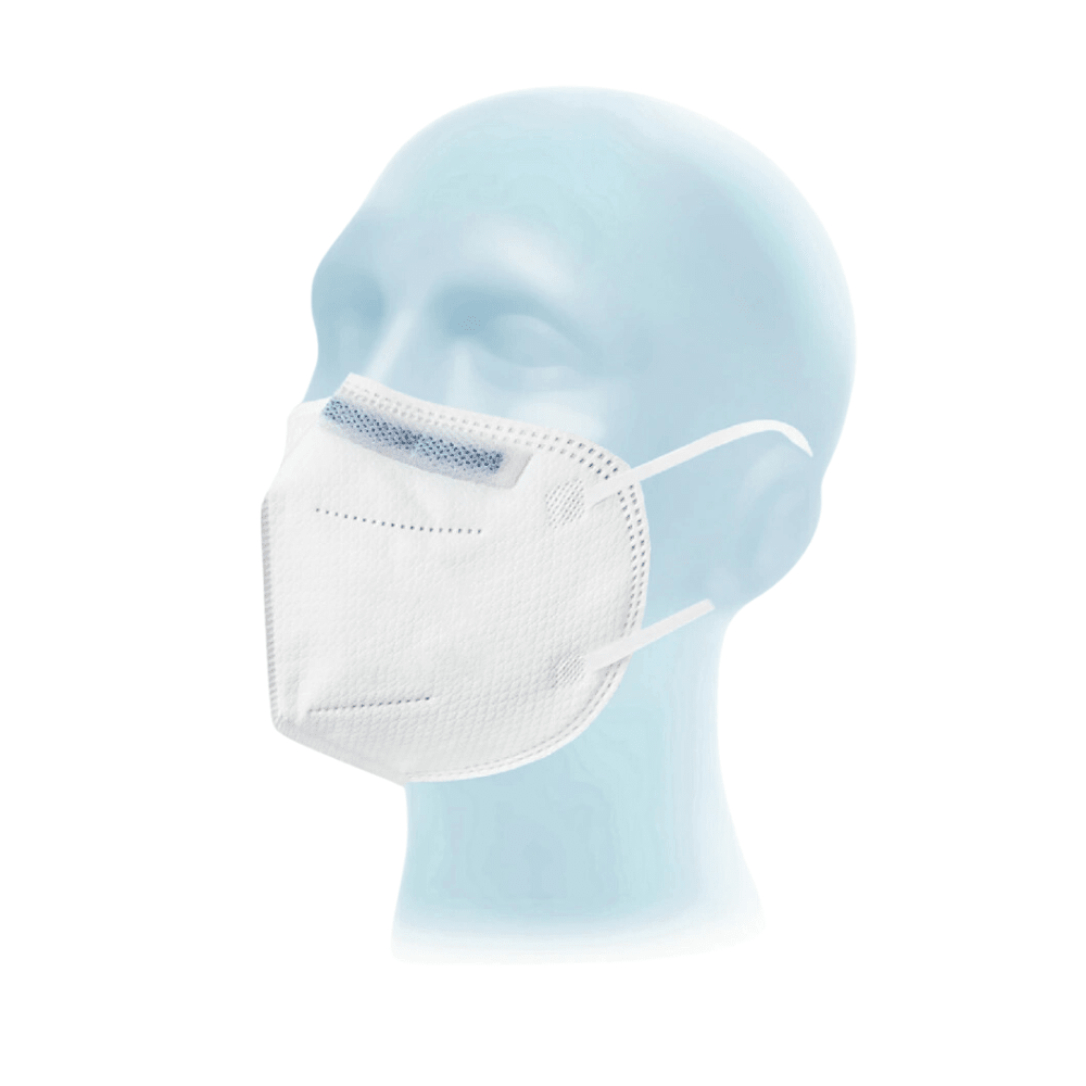 A imagem mostra uma cabeça de manequim de vitrine azul-claro com uma máscara respiratória Meditrade Respima FFP2 NR branca | Embalagem (20 unidades) da Meditrade GmbH, com alças para as orelhas e uma tira nasal azul sobre um fundo branco.