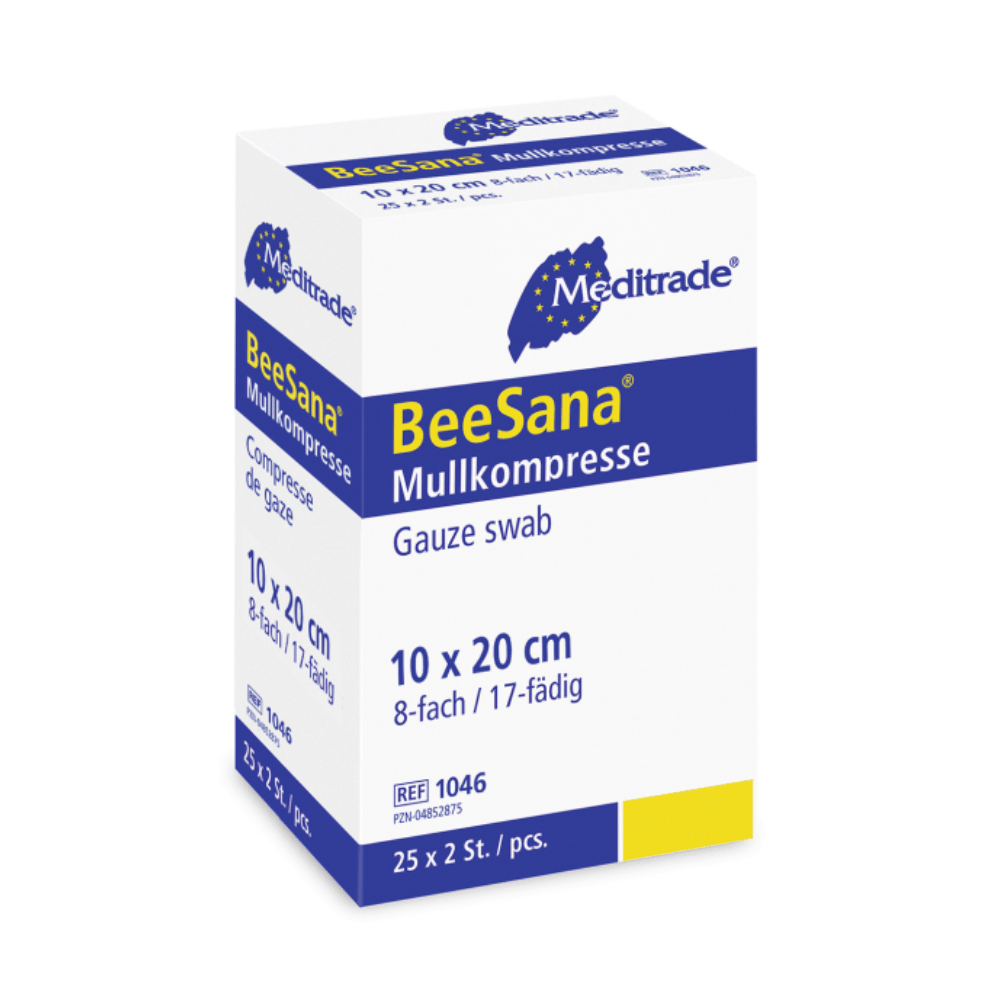 Uma caixa de compressas de gaze Meditrade BeeSana®, esterilizadas de forma simples, com 8 camadas, de 10 x 20 cm, com 8 camadas e 17 fios. A Meditrade GmbH.