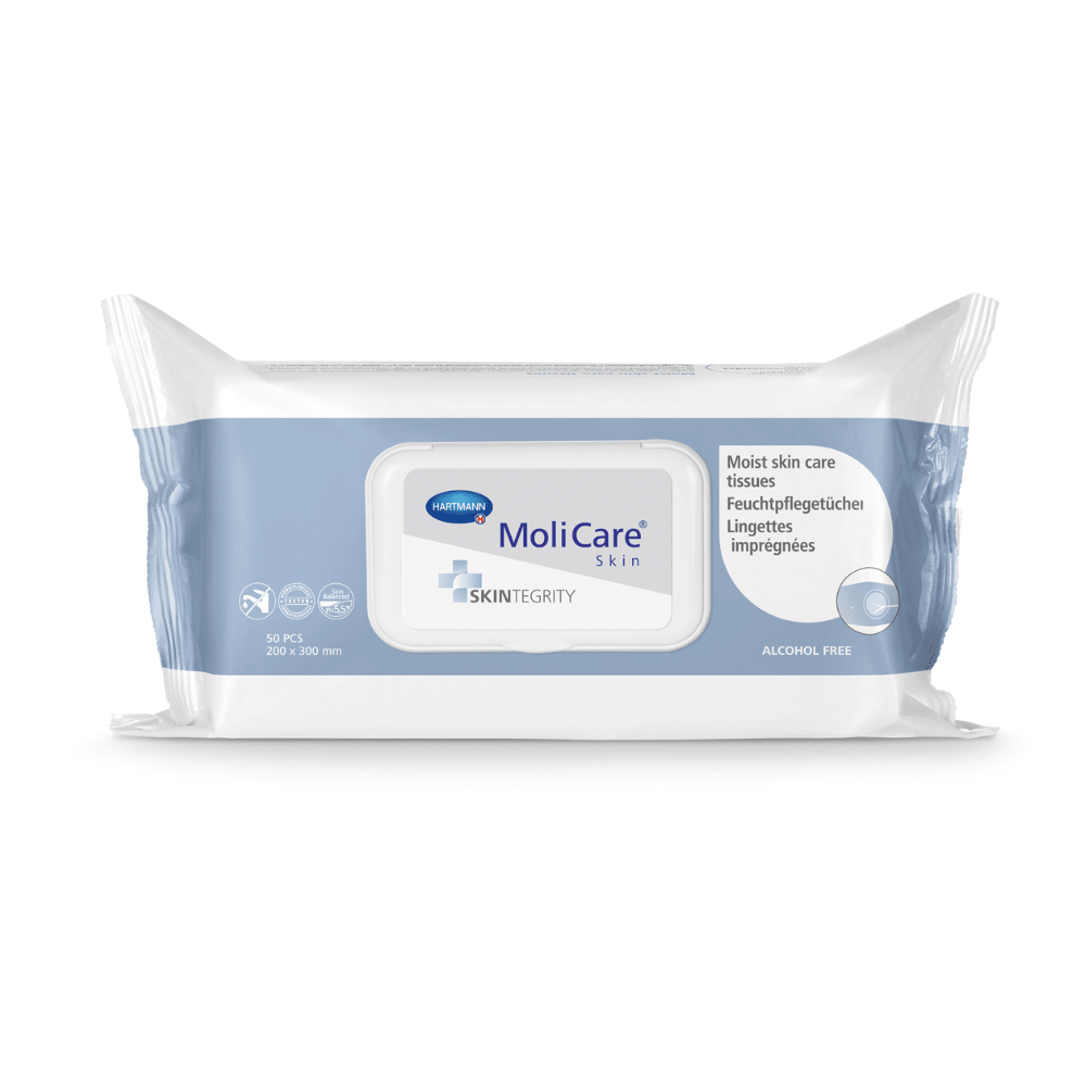 Embalagem de toalhetes húmidos para cuidados da pele MoliCare® Skin da Paul Hartmann AG, numa embalagem branca e azul, identificada como «toalhetes húmidos para cuidados da pele», sem álcool, no formato 20x