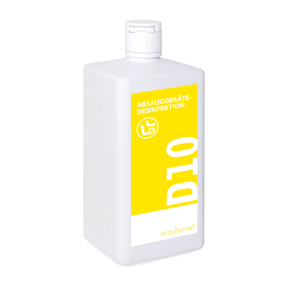 Orochemie D 10 Desinfetante para aparelhos de aspiração, também para aparelhos de inalação (garrafa de 1 l) da orochemie GmbH + Co KG: Desinfetante sem aldeídos, em garrafa de plástico branca com etiqueta amarela «D10», destinado a aparelhos de aspiração e de inalação.
