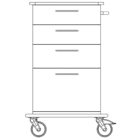 Schwarz-weiße Strichzeichnung des Novocal Pflege- und Arbeitswagens, der ein Vollkunststoffgestell mit drei Schubladen, einem großen Bodenfach, zwei großen Vorderrädern und zwei kleineren Hinterrädern aufweist. Marke: Novocal.