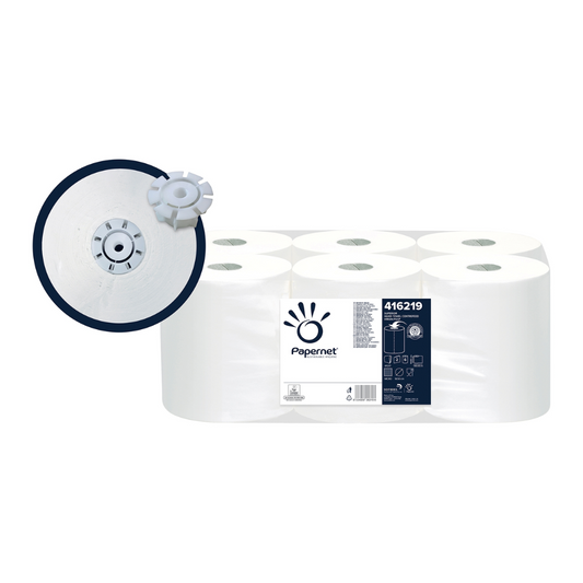 Ein Karton mit sechs Papernet Autocut Rollenhandtuch Captive-Rollen von Sofidel Germany GmbH, umhüllt von transparentem Kunststoff. Das Etikett zeigt das Markenlogo, die Produktnummer 416219 und betont die 2-lagige Qualität. Ein detailliertes Inset bietet eine Nahaufnahme des Rollenkerns mit einem Verschlussmechanismus.