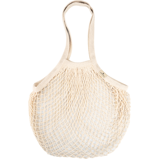 Das ENA Living Einkaufsnetz von Abena Re-Seller GmbH (Karton mit 24 Packungen), beige und wiederverwendbar mit zwei Henkeln, wird leer vor weißem Hintergrund präsentiert - ideal für umweltbewusstes Einkaufen.