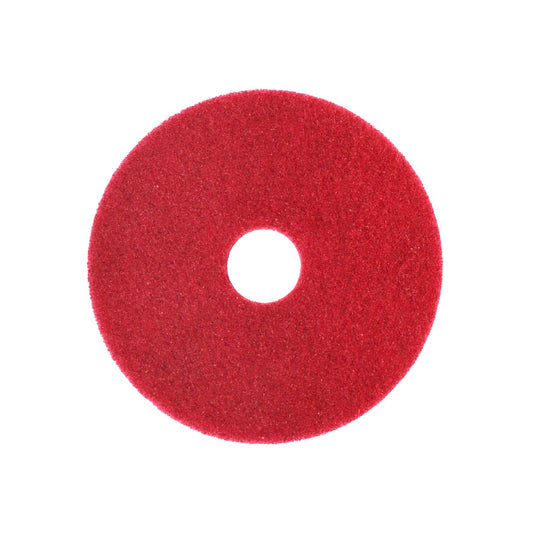 Ein rotes, kreisförmiges Arcora SUPERPAD ROT Reinigungspad der Arcora International GmbH mit einem Mittelloch zur effektiven Bodenreinigung, abgebildet auf weißem Hintergrund.