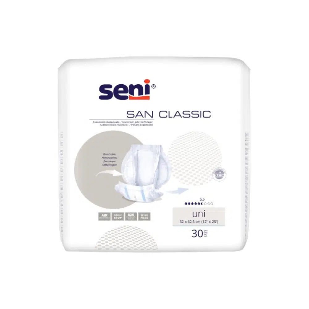 A imagem mostra uma embalagem de San Seni Pensos para incontinência Classic Uni da TZMO Deutschland GmbH. A embalagem é predominantemente branca, com detalhes em azul e bege, e inclui um texto com informações sobre a capacidade de absorção e o tamanho. Para maior conforto, a embalagem contém 30 pensos.