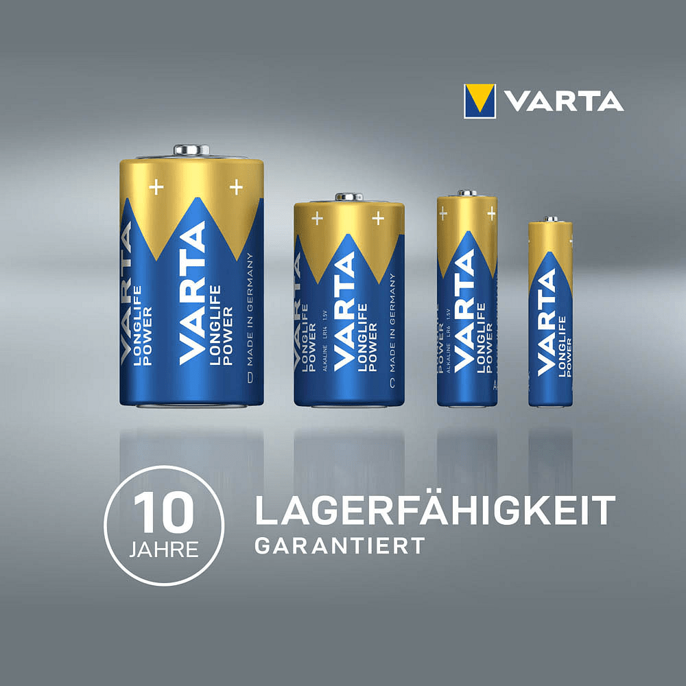 Quatro pilhas Varta Longlife Power Micro AAA 4903 LR03, ordenadas da maior para a menor, com a indicação «10 anos de validade garantidos».
