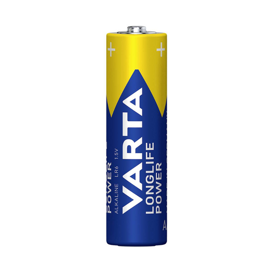 Eine Packung mit 4 Varta Longlife Power 4906 AA Batterien von Varta AG, im blauen und gelben Design, steht auf weißem Hintergrund. Perfekt für Geräte mit hohem Energiebedarf, zeigt die Verpackung Marke und Produktdetails.