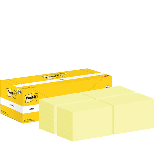 Eine gelbe Schachtel der 3M Deutschland GmbH Post-it® Notes, Gelb (76x127mm, 100 Blatt/Block, 18 Blöcke + 6 gratis, Kartonverpackung, 100% PEFC) steht offen mit ordentlich geordneten Stapeln davor; die Produktangaben sind gut sichtbar.