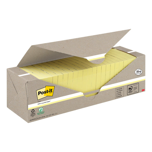 Ein geöffneter Karton der 3M Deutschland GmbH zeigt das Logo von Post-it® Recycling Notes (76 mm x 76 mm, Promotion, 100 Blatt/Block, 100% PEFC) sowie Angaben zum Recyclinganteil und zur Blockmenge.