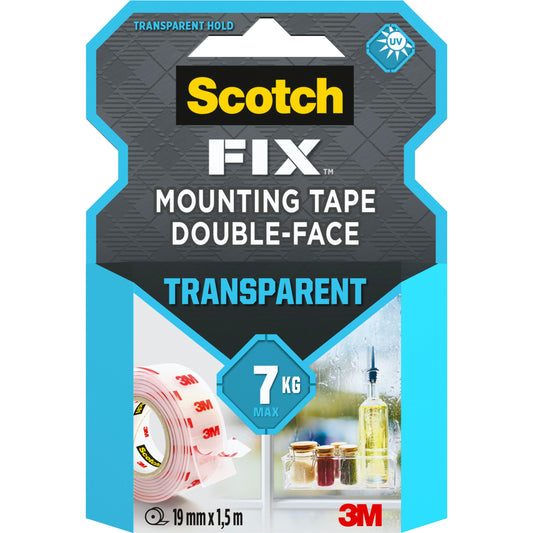 Die Verpackung des Scotch-FIX™ Transparentes doppelseitiges Montageband 4910C der 3M Deutschland GmbH zeigt eine Klebebandrolle in der Nähe von Gegenständen auf einer Fensterbank. Auf dem Etikett sind das maximale Gewicht von 7 kg und die Bandgröße von 19 mm x 1,5 m angegeben.