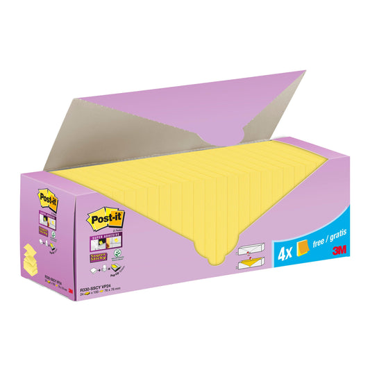 Eine Schachtel mit 3M Post-it® Super Sticky Z-Notes (Gelb, 76x76 mm) mit geöffnetem Deckel zeigt gestapelte Zettel. Die violette Packung zeigt "20 Blöcke + 4 Gratis", Produktinformation und visuelle Anweisungen; enthält 24 Blöcke, PEFC-zertifiziert.