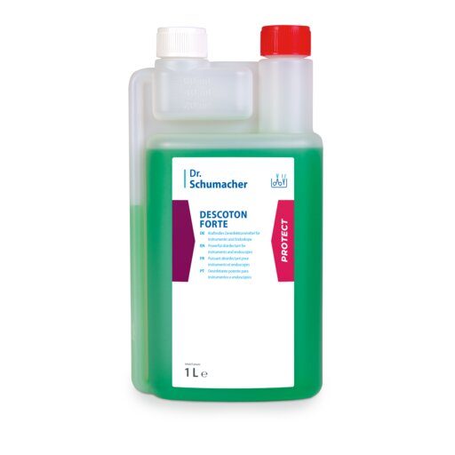 Uma garrafa transparente de 1 litro da Dr. Schumacher GmbH Dr. Schumacher DESCOTON FORTE, líquido verde para desinfecção de instrumentos, está equipada com um rótulo branco-violeta e uma tampa vermelha na câmara dosadora.