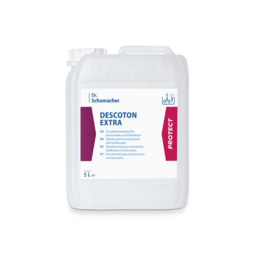 Um recipiente de plástico branco de 5 litros da Dr. Schumacher GmbH DESCOTON EXTRA desinfetante para instrumentos cirúrgicos e endoscópios, com uma alça e um rótulo azul e branco com detalhes em vermelho.