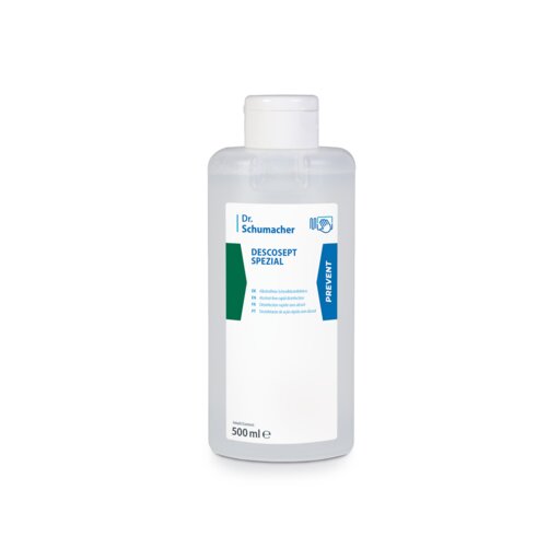 Uma garrafa transparente de 500 ml da Dr. Schumacher GmbH com a inscrição "Dr. Schumacher Descosept Spezial, Schnelldesinfektion", com tampa branca e rótulo acentuado em azul-verde, ideal para a desinfeção rápida sem álcool de equipamentos médicos.
