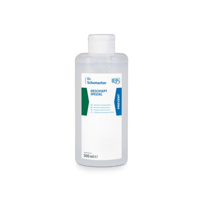 Uma garrafa transparente de 500 ml da Dr. Schumacher GmbH com a inscrição "Dr. Schumacher Descosept Spezial, Schnelldesinfektion", com tampa branca e rótulo acentuado em azul-verde, ideal para a desinfeção rápida sem álcool de equipamentos médicos.