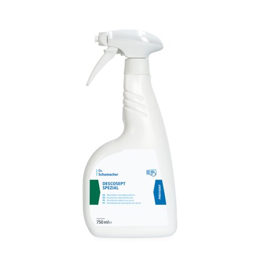 Uma garrafa de spray branca de 750 ml com a inscrição "Dr. Schumacher Descosept Spezial" da Dr. Schumacher GmbH - um desinfetante sem álcool ideal para a desinfeção rápida de equipamentos médicos.