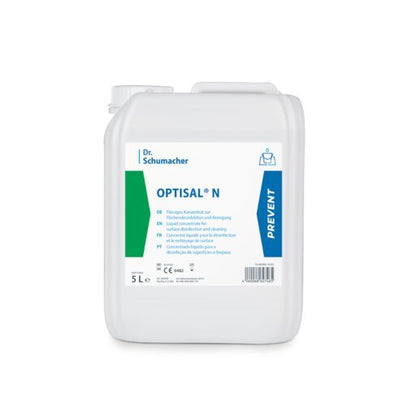 Um recipiente de plástico branco de 5L com a inscrição "Dr. Schumacher OPTISAL® N" da Dr. Schumacher GmbH, desenvolvido para a limpeza e desinfecção suave de produtos médicos. O rótulo é multilíngue e possui uma faixa azul "PREVENT" no lado direito.