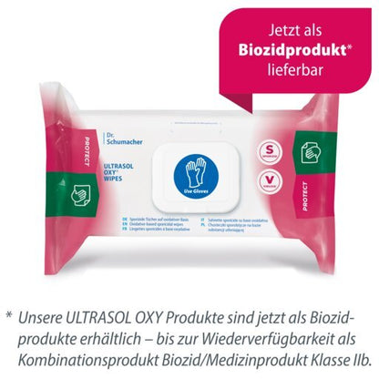 Uma embalagem de toalhetes desinfetantes Dr. Schumacher Ultrasol Oxy Wipes (108 toalhetes) está marcada com o símbolo azul "Use Gloves" (usar luvas) e indica a sua disponibilidade como produto biocida, destacando no texto alemão o uso para inventário médico.