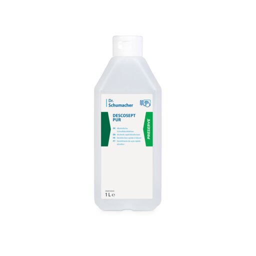 Uma garrafa de plástico de 1L Dr. Schumacher DESCOSEPT PUR, desinfeção rápida da Dr. Schumacher GmbH, com rótulo branco com acentos verdes e azuis e tampa branca. Ideal para inventário médico; em pé sobre fundo branco.