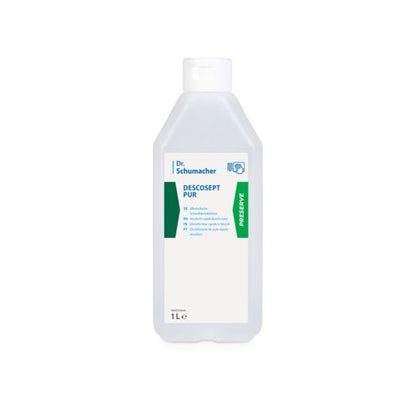 Uma garrafa de plástico de 1L Dr. Schumacher DESCOSEPT PUR, desinfeção rápida da Dr. Schumacher GmbH, com rótulo branco com acentos verdes e azuis e tampa branca. Ideal para inventário médico; em pé sobre fundo branco.