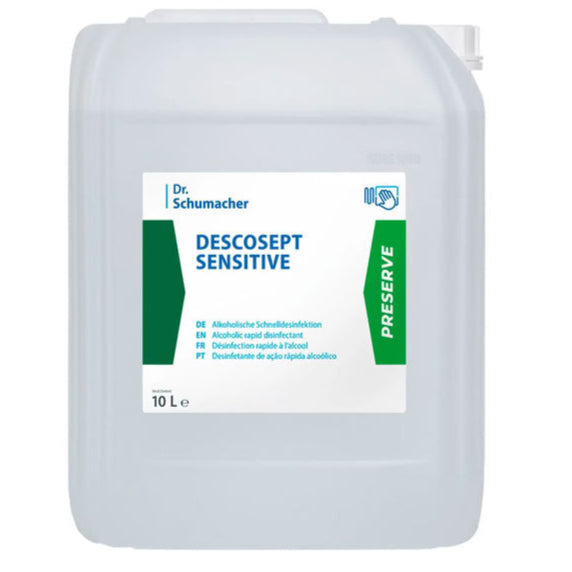 Um recipiente de plástico de 10 litros da Dr. Schumacher GmbH Descosept Sensitive Desinfecção Rápida, com um rótulo branco-verde e uma tampa branca no canto superior direito - ideal para inventário médico.
