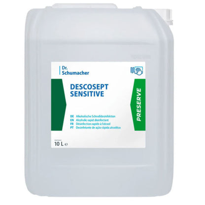 Um recipiente de plástico de 10 litros da Dr. Schumacher GmbH Descosept Sensitive Desinfecção Rápida, com um rótulo branco-verde e uma tampa branca no canto superior direito - ideal para inventário médico.