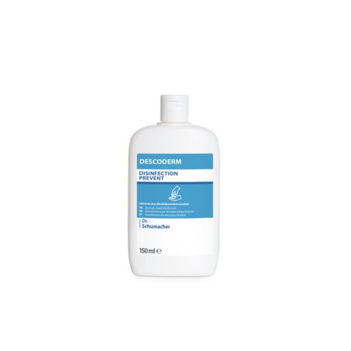 Um frasco branco de 150 ml de Dr. Schumacher Descoderm Industrial Handdesinfektion da Dr. Schumacher GmbH com um rótulo azul e branco está em pé sobre um fundo branco simples.