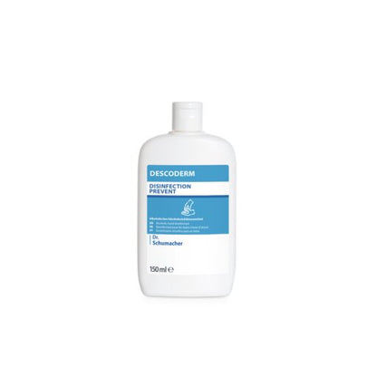 Um frasco branco de 150 ml de Dr. Schumacher Descoderm Industrial Handdesinfektion da Dr. Schumacher GmbH com um rótulo azul e branco está em pé sobre um fundo branco simples.