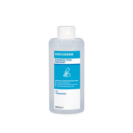 Garrafa clara de 500 ml de Dr. Schumacher Descoderm Industrial Handdesinfektion da Dr. Schumacher GmbH, com rótulo azul e branco que mostra uma mão e texto em alemão; à base de álcool, sem perfume, com tampa branca.