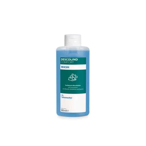 Uma garrafa de 500ml de loção de lavagem Dr. Schumacher DESCOLIND COMFORT WASH da Dr. Schumacher GmbH com tampa branca, líquido azul e um rótulo com alantoína e o logotipo Dr. Schumacher em fundo branco.