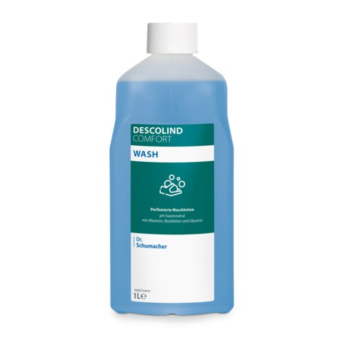 A garrafa de 1 litro de loção de lavagem Dr. Schumacher DESCOLIND COMFORT WASH da Dr. Schumacher GmbH com tampa branca e líquido azul indica no rótulo frontal branco-verde, além das informações do produto, a fórmula pH-neutra para a pele e alantoína.