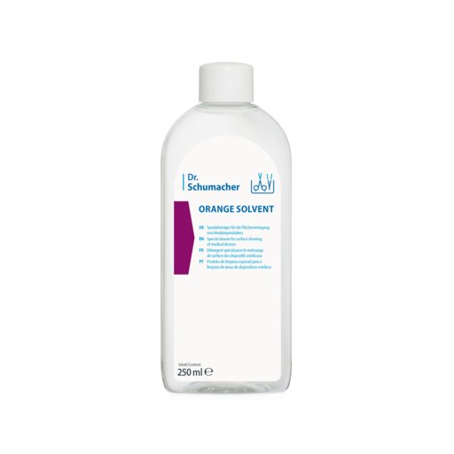 Uma garrafa transparente de 250 ml com tampa branca e inscrição azul "Dr. Schumacher ORANGE SOLVENT limpador de instrumentos" da Dr. Schumacher GmbH é ideal para a limpeza de produtos médicos (limpador de óleo de laranja).