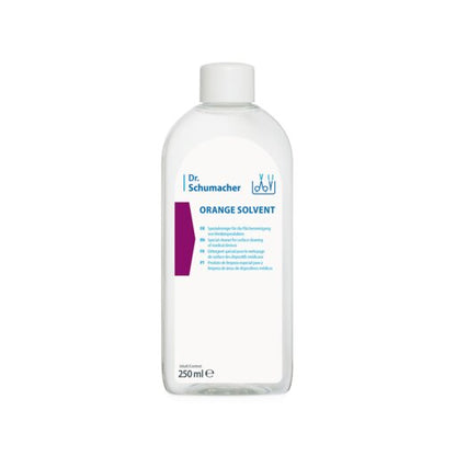Uma garrafa transparente de 250 ml com tampa branca e inscrição azul "Dr. Schumacher ORANGE SOLVENT limpador de instrumentos" da Dr. Schumacher GmbH é ideal para a limpeza de produtos médicos (limpador de óleo de laranja).