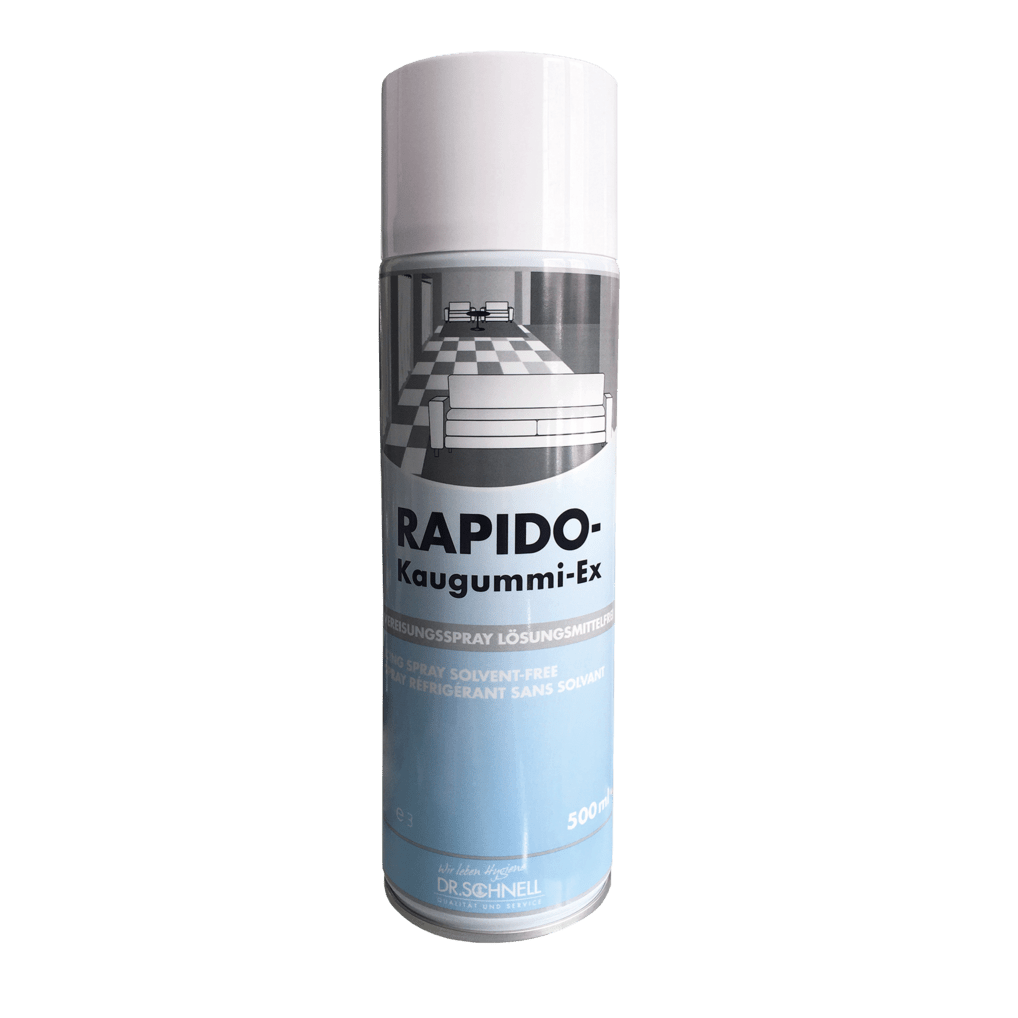 Uma garrafa de 500 ml de DR.SCHNELL RAPIDO KAUGUMMI-EX, um spray de congelamento sem solventes para limpeza de carpetes e móveis estofados, fabricado pela DR.SCHNELL GmbH & Co. KGaA.