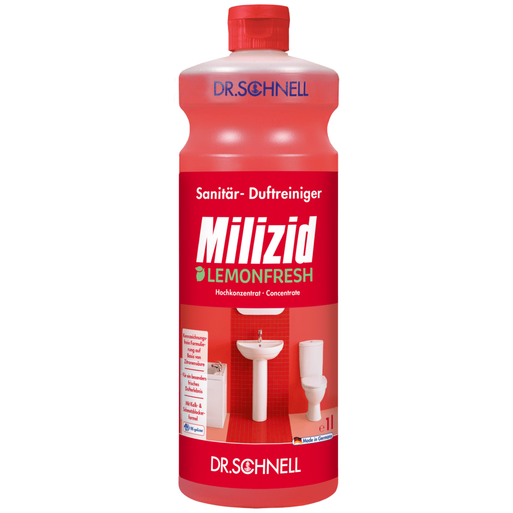 Uma garrafa vermelha Dr. Schnell MILIZID LEMONFRESH da DR.SCHNELL GmbH & Co. KGaA, com tampa de rosca vermelha, texto em alemão e imagens de uma pia e um vaso sanitário no rótulo.