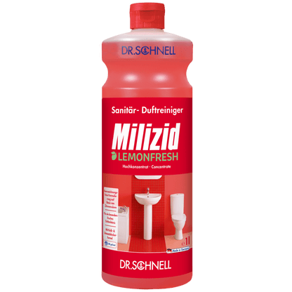 Uma garrafa vermelha Dr. Schnell MILIZID LEMONFRESH da DR.SCHNELL GmbH & Co. KGaA, com tampa de rosca vermelha, texto em alemão e imagens de uma pia e um vaso sanitário no rótulo.