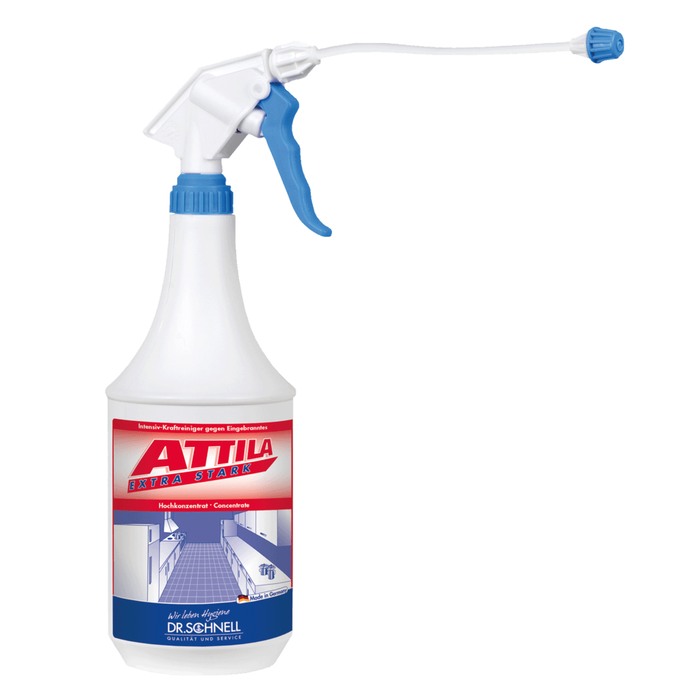 Garrafa de spray branca de 1L com gatilho azul e a inscrição "Dr. Schnell ATTILA EXTRA FORTE Limpa grelhadores e fornos, Higiene de cozinha" da DR.SCHNELL GmbH & Co. KGaA, com um rótulo vermelho-azul com texto em alemão para higiene de cozinha.