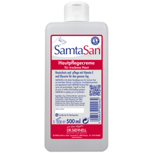 Die 500 ml DR.SCHNELL GmbH & Co. KGaA Dr. Schnell SAMTASAN Spenderflaschen ist eine weiße Pflegecreme für trockene Haut, mit Flip-Top-Verschluss und deutschem Etikett, ideal für die professionelle Reinigung und die Verwendung mit Reinigungsgeräten.