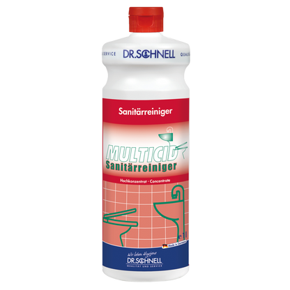 Die weiße Kunststoffflasche mit rotem Verschluss und der Aufschrift "Dr. Schnell MULTICID Sanitärreiniger" in grüner und roter Schrift der DR.SCHNELL GmbH & Co. KGaA, ist als wirksamer Sanitärreiniger ideal für die gründliche Badreinigung.