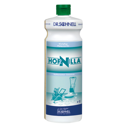 Eine weiße 1-Liter-Flasche Dr. Schnell HORNILLA von DR.SCHNELL GmbH & Co. KGaA, mit grüner Kappe, blauem und blaugrünem Etikett mit Abbildungen von Reinigungsgeräten, entwickelt für eine kraftvolle professionelle Reinigung.